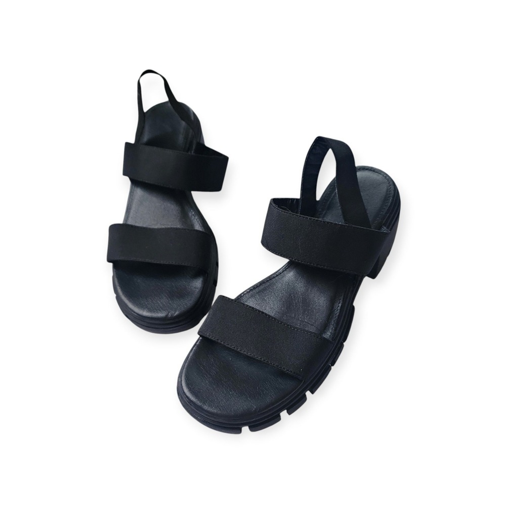 Black Elastic Strap Platform Sandals Chunky Lug Sole Block Heel Womens 7.5